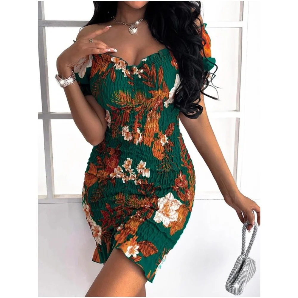 Boho Green Off Shoulder Fitted Party Dress - Picture 4 of 4